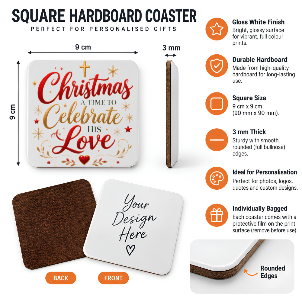 Inspirational Religious Hardboard Coaster "Christmas A Time To Celebrate His Love" Graphic 9cm x 9cm Square Drinks Coaster “ Gold Cross & Cu