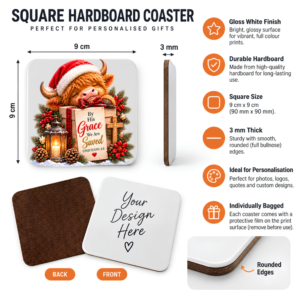 Festive Christian Christmas Coaster "By His Grace We Are Saved Ephesians 2:8" Graphic Glossy Hardboard 9x9cm Drinks Mat – Highland Cow, Wooden Cross & Candle Lantern Holiday Tableware Gift | Fast Dispatch by UK Seller (C3063)