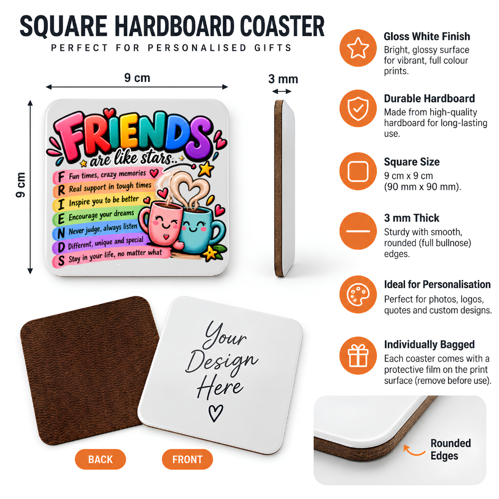 Best Friends Coaster "Friends Are Like Stars..." Acrostic Definition Graphic Glossy Hardboard 9x9cm Drinks Mat – Cute Hugging Coffee Mugs & Rainbow Tableware Gift | Fast Dispatch by UK Seller (C3069)