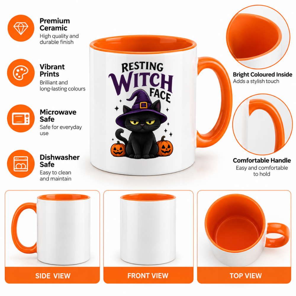 Halloween Mug "Resting Witch Face Black Cat" Resting Witch Face Black Cat 325ml Ceramic Coffee Mug – Funny Halloween Autumn Tea Cup with Black Cat Witch Hat Jack O Lanterns Sparkles Graphic Gift | Fast Dispatch by UK Seller (M3206)