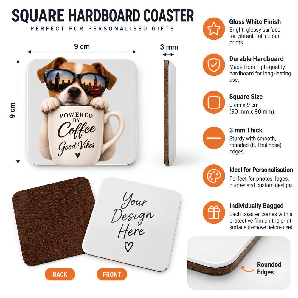 Cute London Dog Hardboard Coaster "Powered by Coffee & Good Vibes" Graphic 9cm x 9cm Square Drinks Coaster “ Cute Puppy in Sunglasses Reflecting Big Ben & Red Bus Cup Novelty Mat | Fun Glossy Gift for Dog Lovers | Fast Dispatch by UK Seller (C3005)