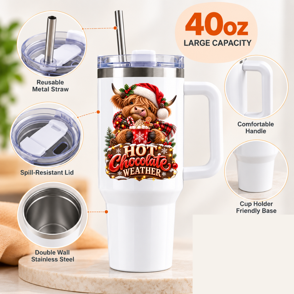 Festive Christmas Highland Cow Travel Tumbler "Hot Chocolate Weather" Graphic 40oz Stainless Steel Insulated Travel Mug with Handle & Straw – Cozy Cow in Santa Hat, Tartan Scarf & Marshmallow Mug Novelty Travel Cup | Fast Dispatch by UK Seller (T3041)