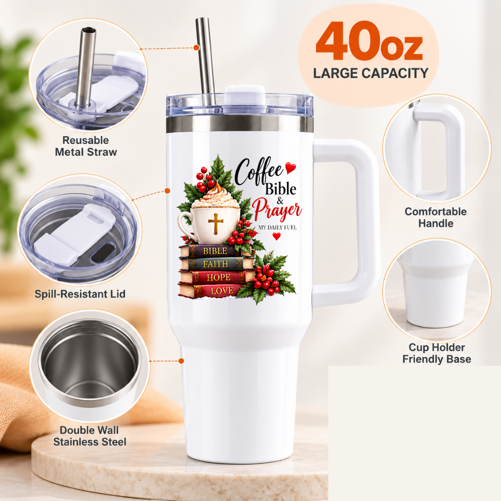 Inspirational Religious Travel Tumbler "Coffee Bible & Prayer My Daily Fuel" Graphic 40oz Stainless Steel Insulated Travel Mug with Handle & Straw – Coffee Mug with Cross, Books & Holly Berries Novelty Travel Cup | Fast Dispatch by UK Seller (T3014)
