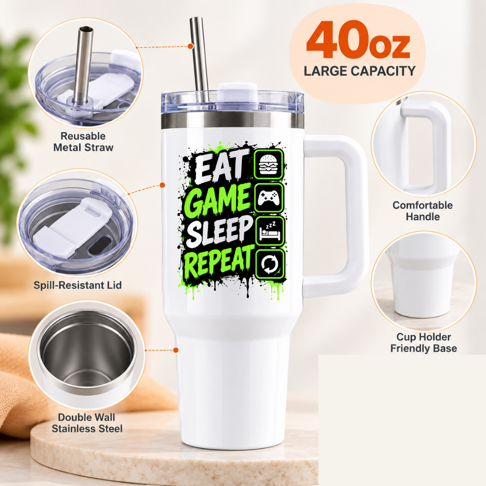 Funny Gaming Travel Tumbler "Eat Game Sleep Repeat" Graphic 40oz Stainless Steel Insulated Travel Mug with Handle & Straw – Green & Black Paint Splatter, Activity Icons Novelty Gift for Gamers | Fast Dispatch by UK Seller (T3066)