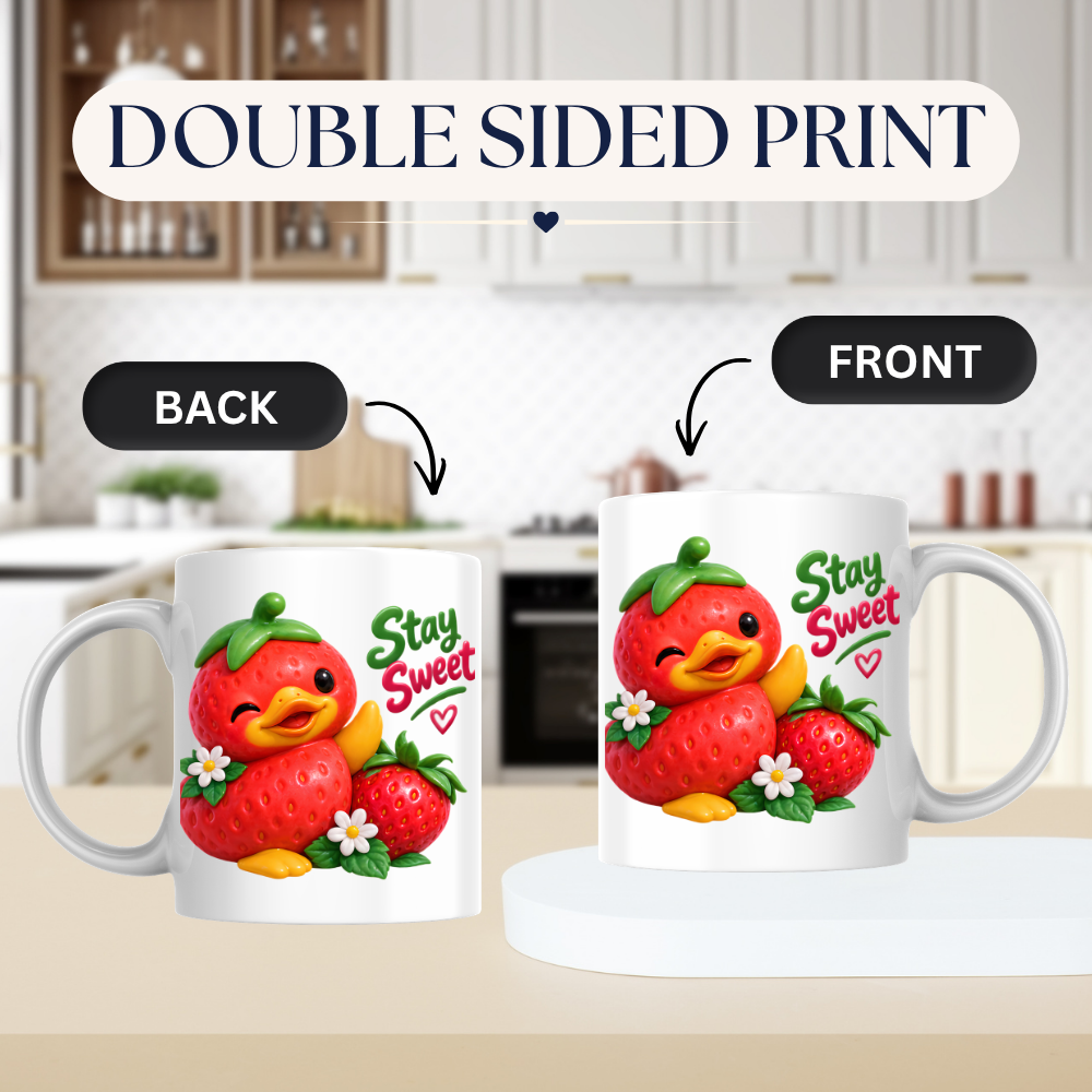 Inspirational Mug "Stay Sweet Strawberry Duck" Stay Sweet 325ml Ceramic Coffee Mug – Cute Winking Strawberry Duck Waving Next to Blossoms Strawberry Heartwarming Gift For Friends Family | Available in Multicolours | Fast Dispatch by UK Seller (M3249)