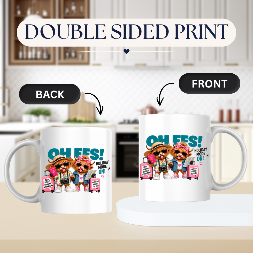 Holiday Highland Cows Mug "OH FFS! Holiday Mode On!" Oh Ffs! Holiday Mode On! 325ml Ceramic Coffee Mug – Cute Highland Cows Travel Buddies with Suitcases, Passport, Map & Camera | Funny Travel Gift | Fast Dispatch by UK Seller (M3370)