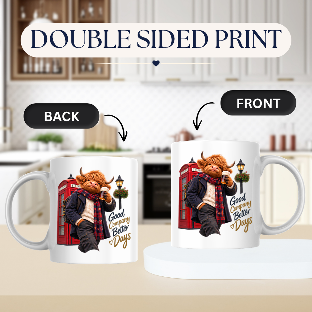 London Mug "Good Company Better Days British Highland Cow" Good Company Better Days 325ml Ceramic Coffee Mug – Cozy Highland Cow with Pint Of Beer By Red Phone Box Lamp Post British Gift | Available in Multicolours | Fast Dispatch by UK Seller (M3286)