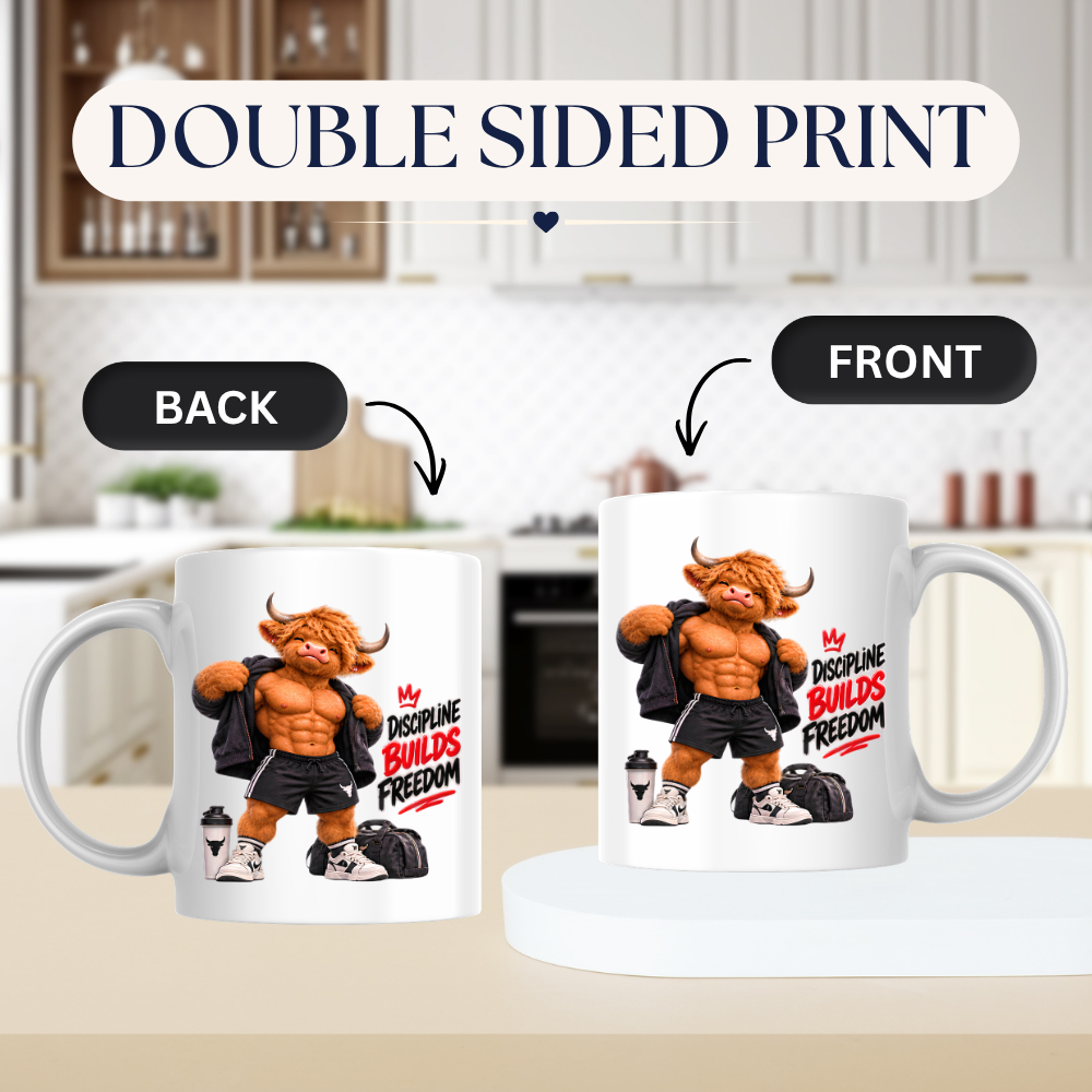 Gym Mug "Discipline Builds Freedom Muscular Highland Cow" Discipline Builds Freedom 325ml Ceramic Coffee Mug – Muscular Highland Cow Showing Six Pack Abs Open Zip Jacket Gym Fitness Gift | Available in Multicolours | Fast Dispatch by UK Seller (M3274)
