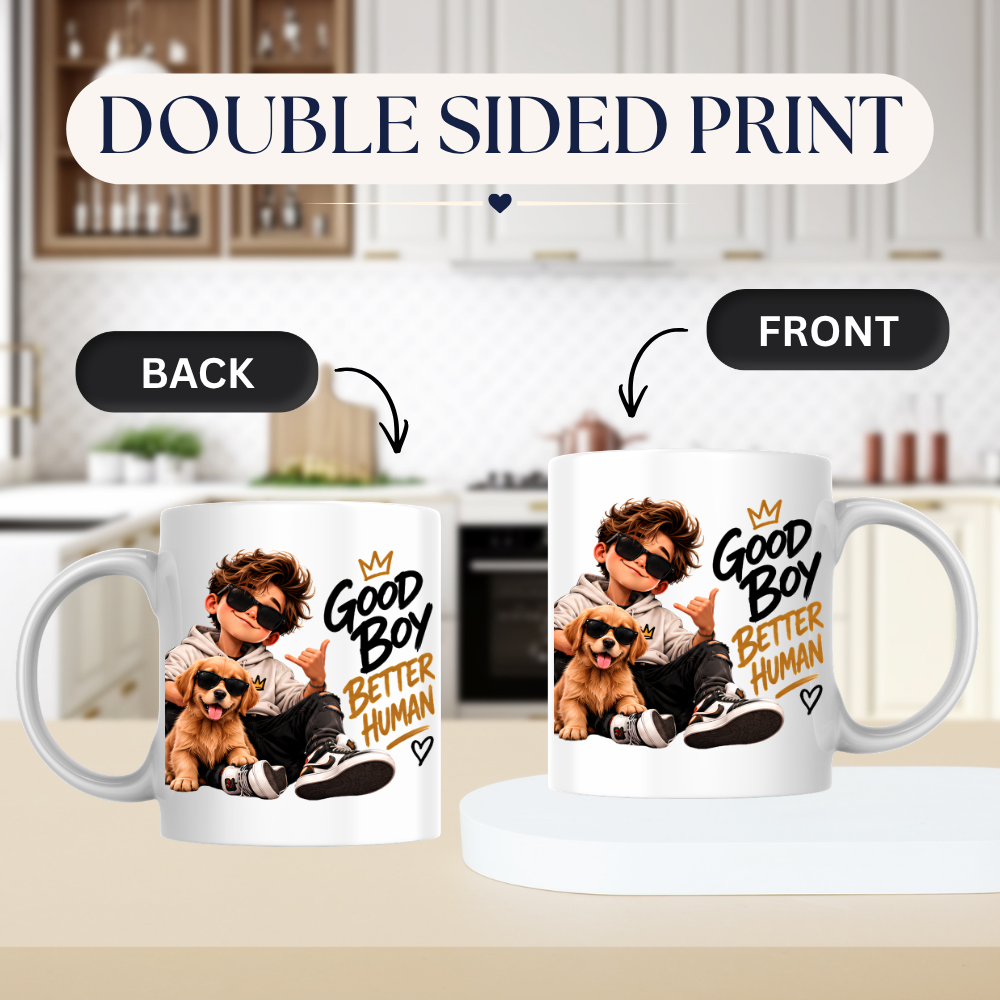 Dog Mug "Good Boy Better Human" 325ml Ceramic Coffee Tea Cup – Golden Retriever Puppy Graphic, Sunglasses & Slogan Novelty Gift for Dog Lovers, Teens, Birthday – Fast Dispatch by UK Seller (M3500)