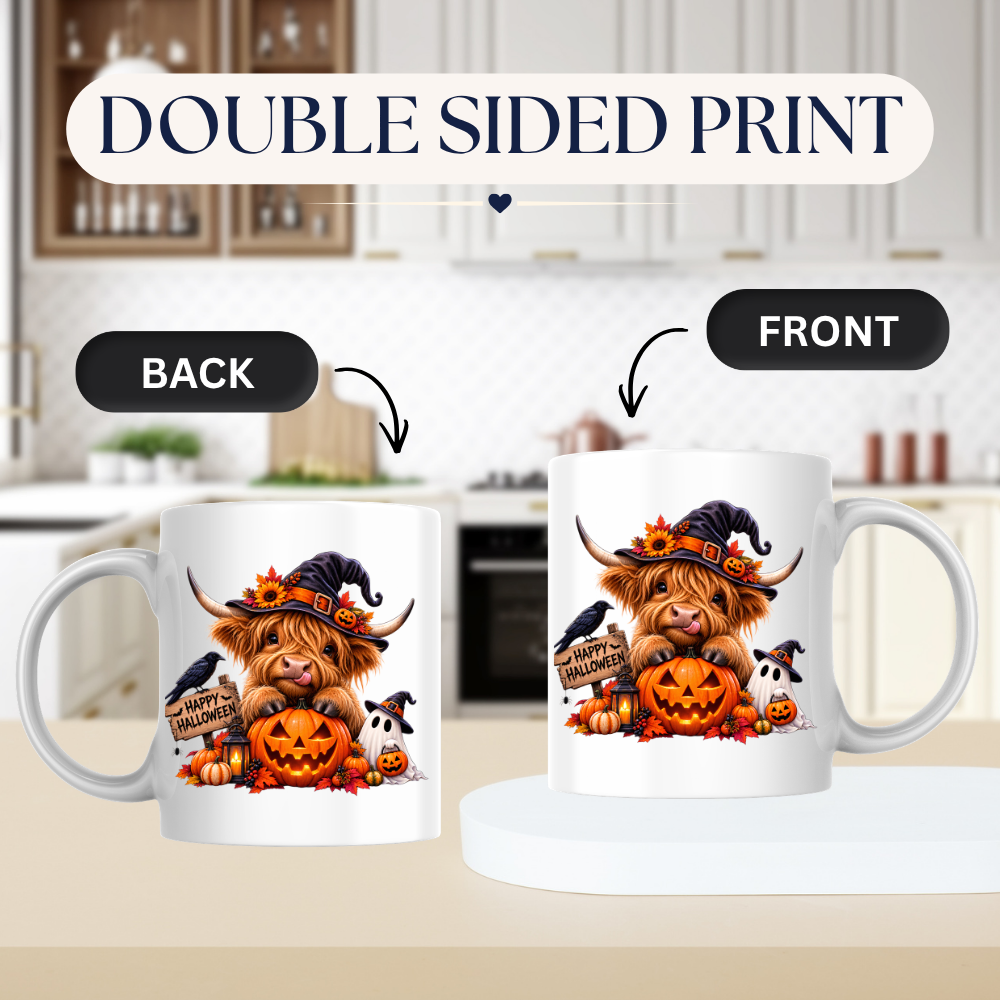 Halloween Mug "Happy Halloween" Cute Witchy Highland Cow 325ml Ceramic Coffee Mug Spooky Autumn Tea Cup with Pumpkin and Ghost Graphic Gift | Available in Multicolours | Fast Dispatch by UK Seller (M3155)