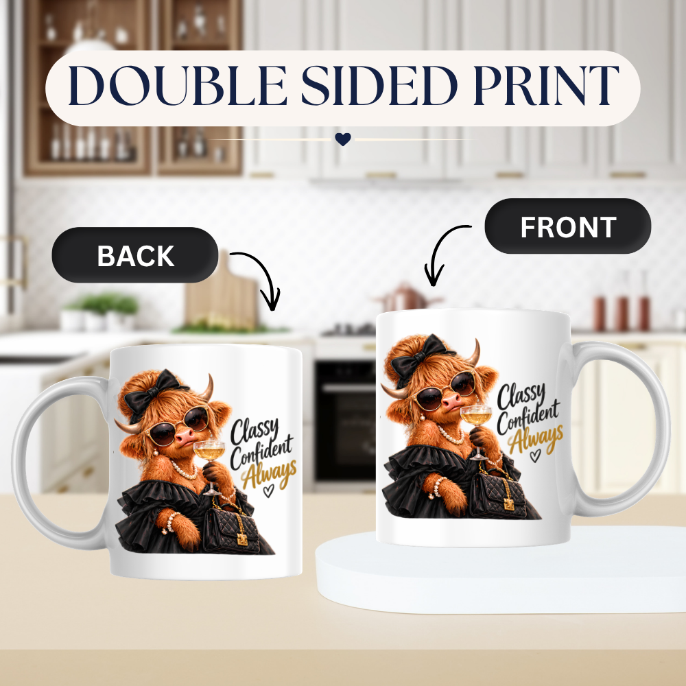 Highland Cow Mug "Classy Confident Always Highland Cow" 325ml Ceramic Coffee Mug – Glamorous Highland Cow in Black Evening Dress Pearls Sunglasses Bow Holding Champagne Glass Chic Gift | Available in Multicolours | Fast Dispatch by UK Seller (M3280)