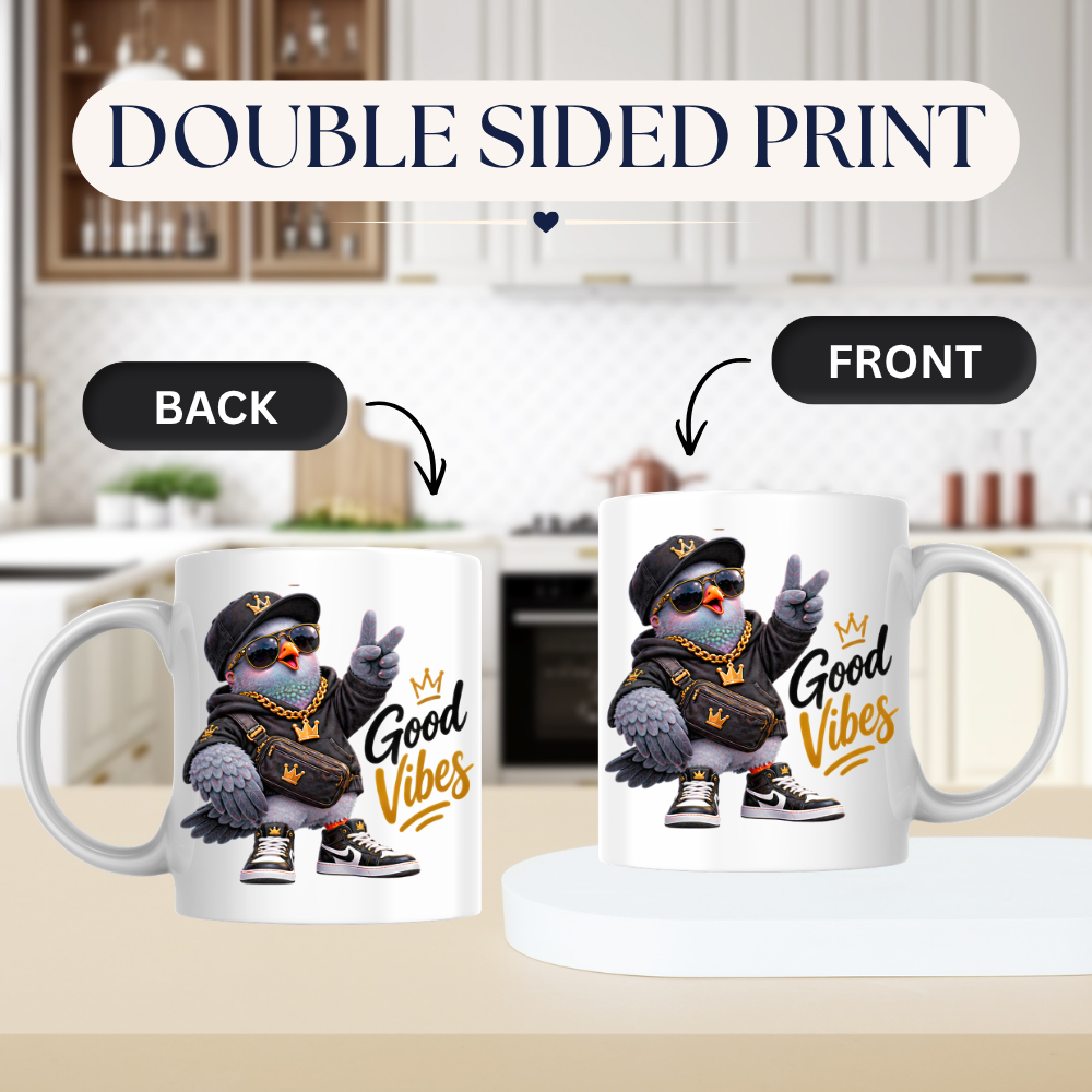 Streetwear Mug "Good Vibes Cool Pigeon" Good Vibes 325ml Ceramic Coffee Mug – Cool Pigeon with Cap, Sunglasses, Gold Chain, Hoodie & Sneakers Funny Hip Hop Bird Mug Gift For Friends | Available in Multicolours | Fast Dispatch by UK Seller (M3243)