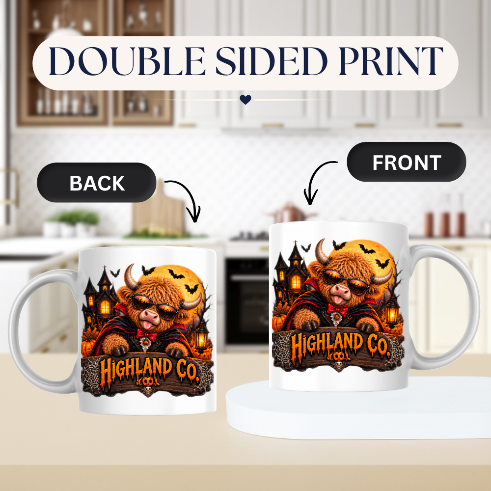 Halloween Mug "Vampire Costume Highland Co." Vampire Costume Highland Cow 325ml Ceramic Coffee Mug – Spooky Halloween Tea Cup with Dracula Cape Sunglasses Haunted House Graphic Gift | Available in Multicolours | Fast Dispatch by UK Seller (M3179)