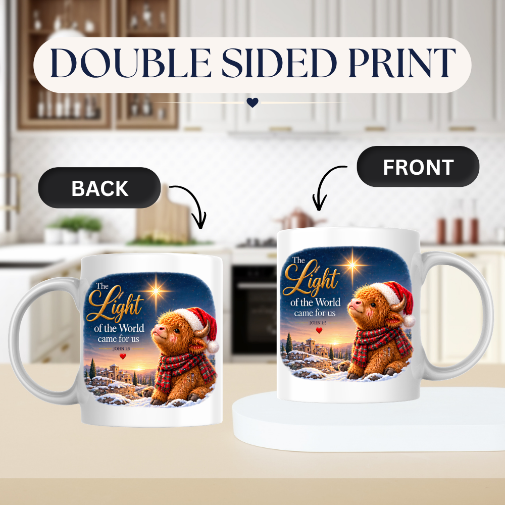 Christmas Mug "The Light Of The World Came For Us Highland Cow" John 1:5 325ml Ceramic Coffee Mug – Festive Highland Cow Mug With Santa Hat Star Of Bethlehem Christian Holiday Gift | Available in Multicolours | Fast Dispatch by UK Seller (M3308)
