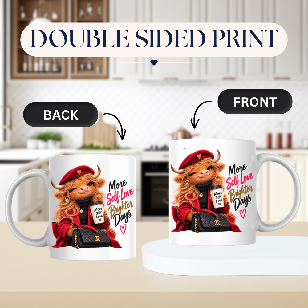 Self-Love Mug "More Self Love Brighter Days Highland Cow" More Self Love Brighter Days Highland Cow 325ml Ceramic Coffee Mug– Chic Red Beret Fashion Tea Cup Positive Typography Graphic Gift | Available in Multicolours | Fast Dispatch by UK Seller (M3197)