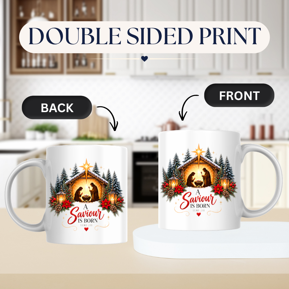 Christmas Mug "A Saviour Is Born Luke 2:11" A Saviour Is Born 325ml Ceramic Coffee Mug – Festive Nativity Scene Mug with Star of Bethlehem Poinsettia Holiday Gift | Available in Multicolours | Fast Dispatch by UK Seller (M3320)