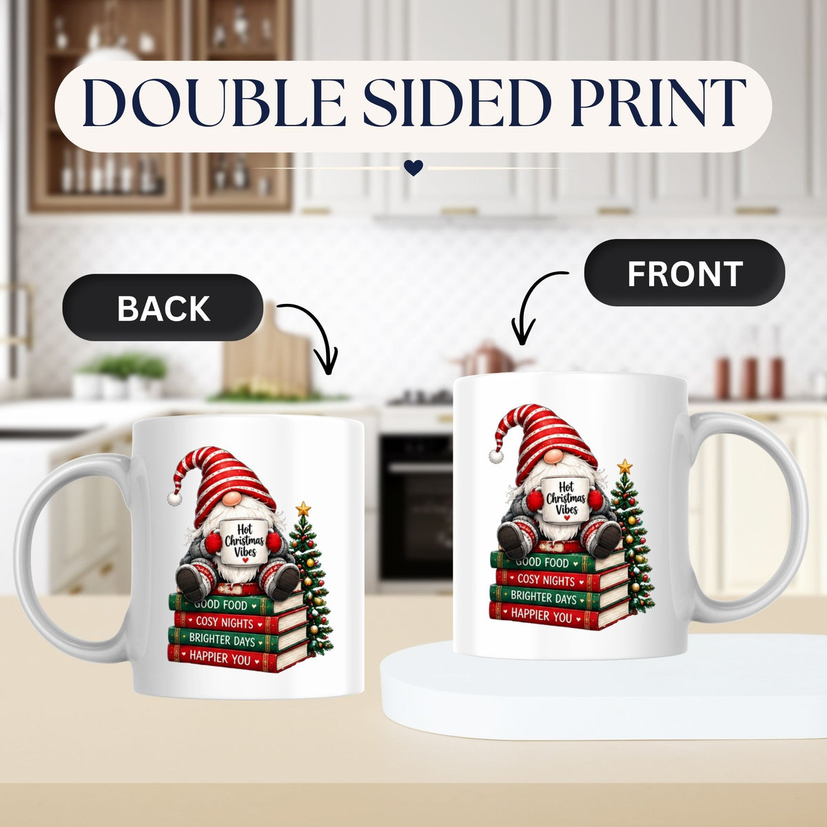 Cozy Mug "Hot Christmas Vibes" Gnome 325ml Ceramic Coffee Mug Festive Winter Holiday Tea Cup with Stack of Books & Striped Hat Gift | Available in Multicolours | Fast Dispatch by UK Seller (M1255)