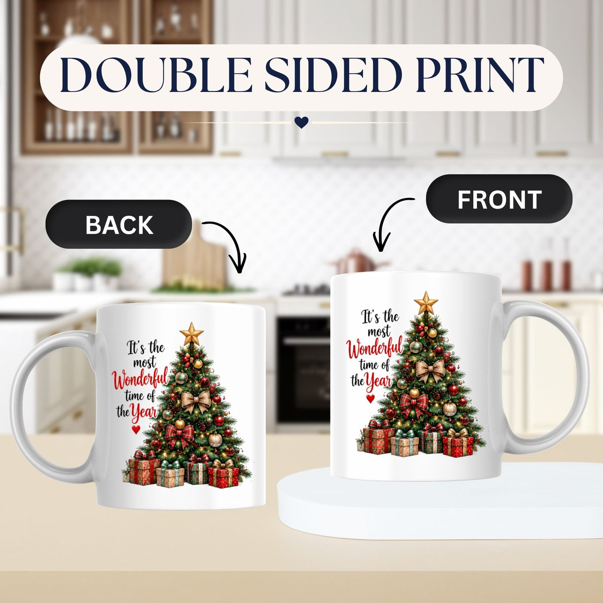 Festive Mug "It's the Most Wonderful Time of the Year" Christmas Tree 325ml Ceramic Coffee Mug – Classic Holiday Tea Cup with Ornaments, Star Gifts Gift | Available in Multicolours | Fast Dispatch by UK Seller (M1262)