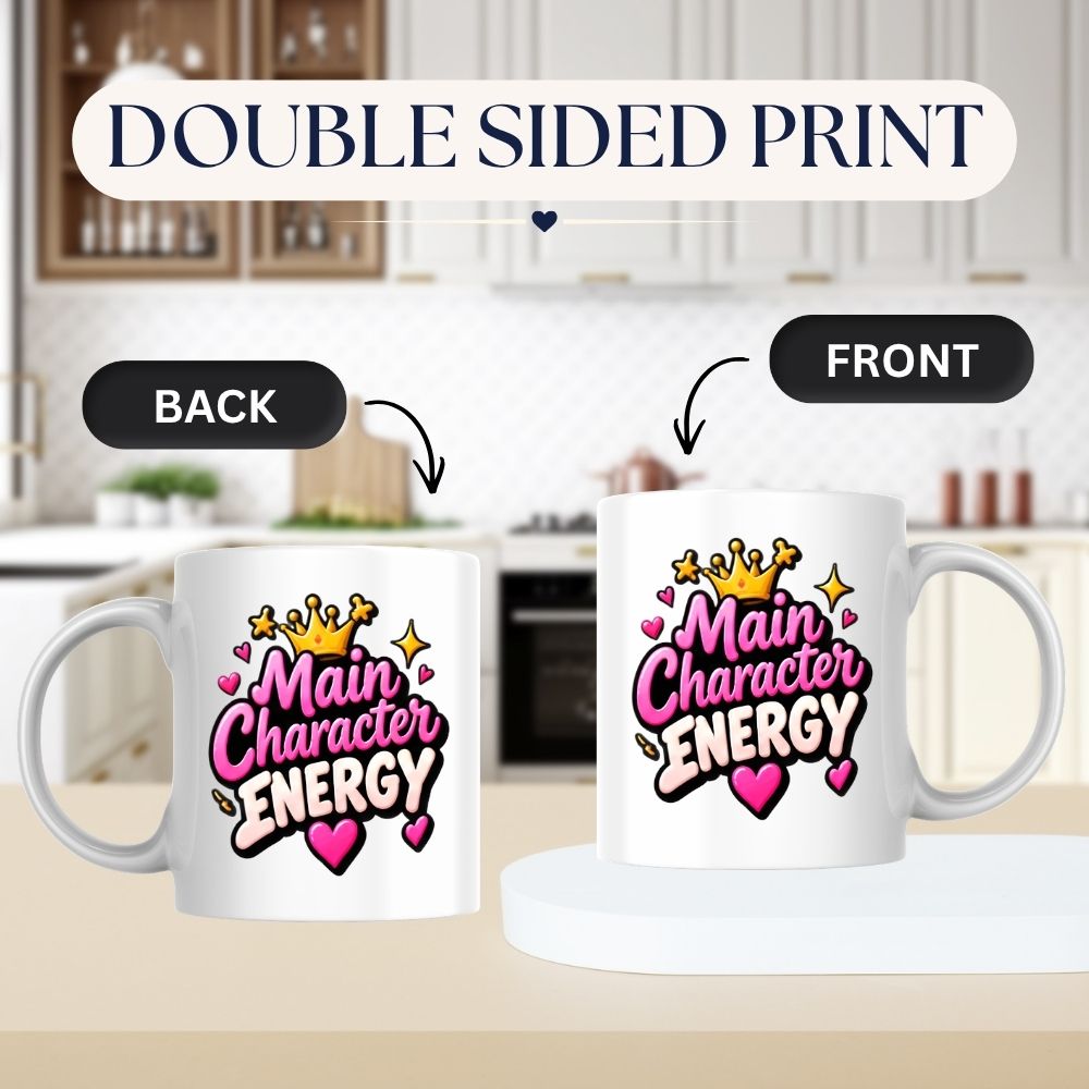 Sassy Mug "Main Character Energy" 325ml Ceramic Coffee Mug Cute Bold Typography Tea Cup with Gold Crown, Sparkles & Pink Hearts Gift | Available in Multicolours | Fast Dispatch by UK Seller (M1299)