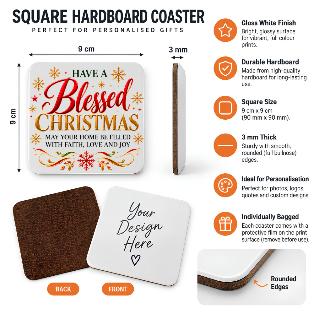 Festive Christian Christmas Coaster "Have a Blessed Christmas May Your Home Be Filled With Faith, Love and Joy" Graphic Glossy Hardboard 9x9cm Drinks Mat – Red & Golden Script Holiday Tableware Gift | Fast Dispatch by UK Seller (C3058)