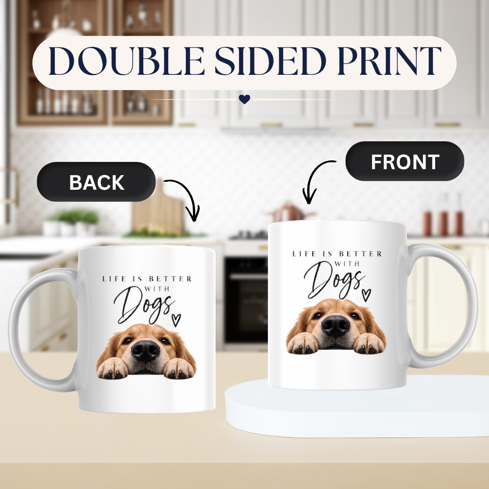 Dog Lover Mug "LIFE IS BETTER WITH Dogs" Golden Retriever 325ml Ceramic Coffee Mug Cute Puppy Tea Cup with Peeking Dog & Paw Graphic Gift | Available in Multicolours | Fast Dispatch by UK Seller (M3009)