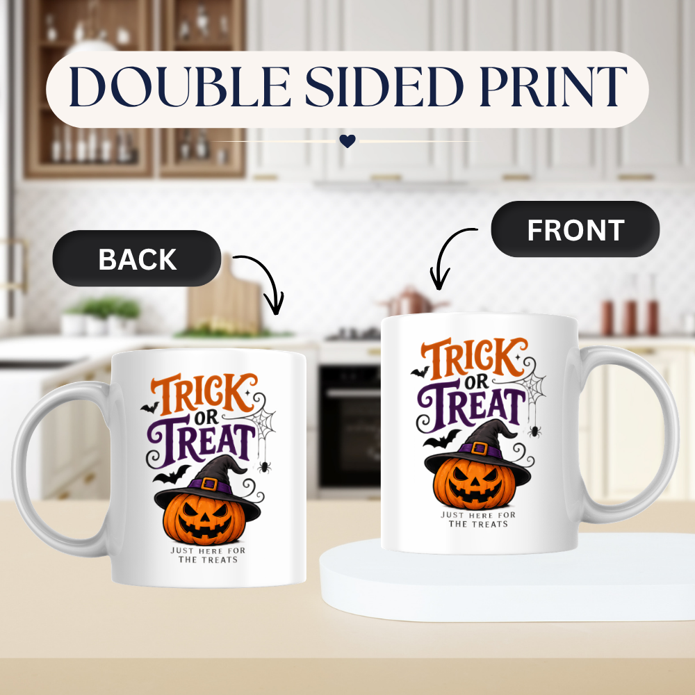Halloween Mug "TRICK OR Treat Just Here For The Treats" Jack-o'-lantern 325ml Ceramic Coffee Mug – Festive Pumpkin Tea Cup with Witch Hat Spider Web Graphic Gift | Available in Multicolours | Fast Dispatch by UK Seller (M3071)