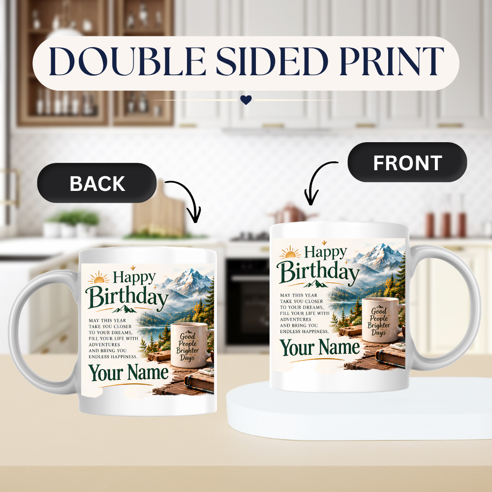Personalised Birthday Mug "Happy Birthday" 325ml Ceramic Coffee Tea Cup – Mountain Landscape, Scenic View, Custom Name & Adventure Wish Slogan Novelty Gift for Travelers, Men, Women, Birthday – Fast Dispatch by UK Seller (M3513)