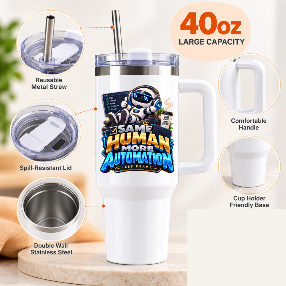 Sarcastic Tech Travel Tumbler "SAME HUMAN MORE AUTOMATION LESS DRAMA" Graphic 40oz Stainless Steel Insulated Travel Mug with Handle & Straw – Robot with Checklist, Coffee & Keyboard Novelty Gift for Coders & Office | Fast Dispatch by UK Seller (T3052)