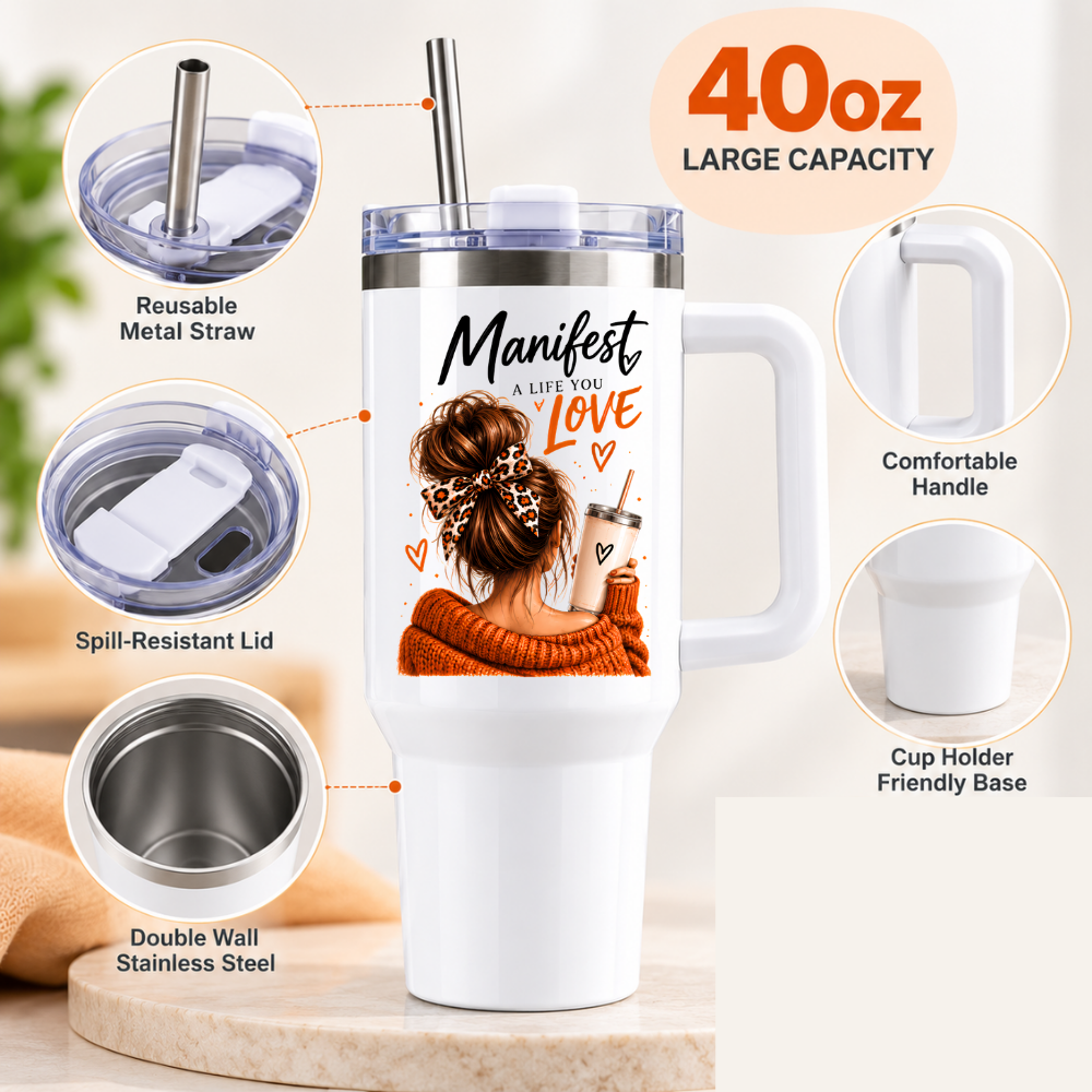 Inspirational Lifestyle Travel Tumbler "Manifest A Life You Love" Graphic 40oz Stainless Steel Insulated Travel Mug with Handle & Straw – Cozy Woman Messy Bun, Leopard Hair Bow, Terracotta Jumper & Iced Coffee Cup | Fast Dispatch by UK Seller (T3034)