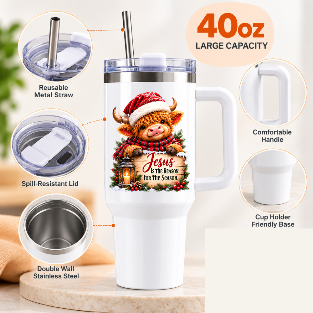 Inspirational Christmas Highland Cow Travel Tumbler "Jesus Is The Reason For The Season" Graphic 40oz Stainless Steel Insulated Travel Mug with Handle & Straw – Festive Calf, Santa Hat & Tartan Scarf Novelty Travel Cup | Fast Dispatch by UK Seller (T3007)