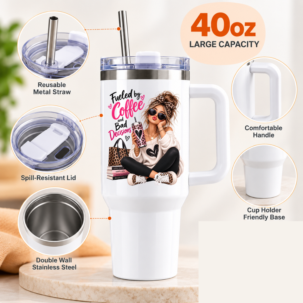 Sassy Leopard Print Travel Tumbler "Fueled By Coffee And Bad Decisions" Graphic 40oz Stainless Steel Insulated Mug with Handle & Straw –Fashion Girl sitting with Sunglasses, Leopard Handbag & Tumbler Novelty Travel Cup | Fast Dispatch by UK Seller (T3016)