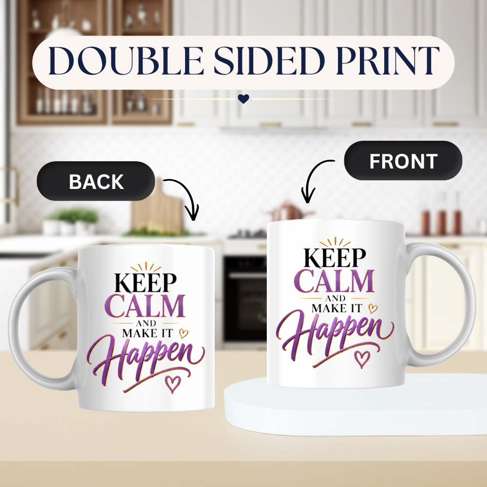 Motivational Mug "Keep Calm And Make It Happen" 325ml Ceramic Coffee Tea Cup – Purple & Gold Typography, Sunburst & Heart Slogan Novelty Gift for Friends, Colleagues, Birthday – Fast Dispatch by UK Seller (M3494)