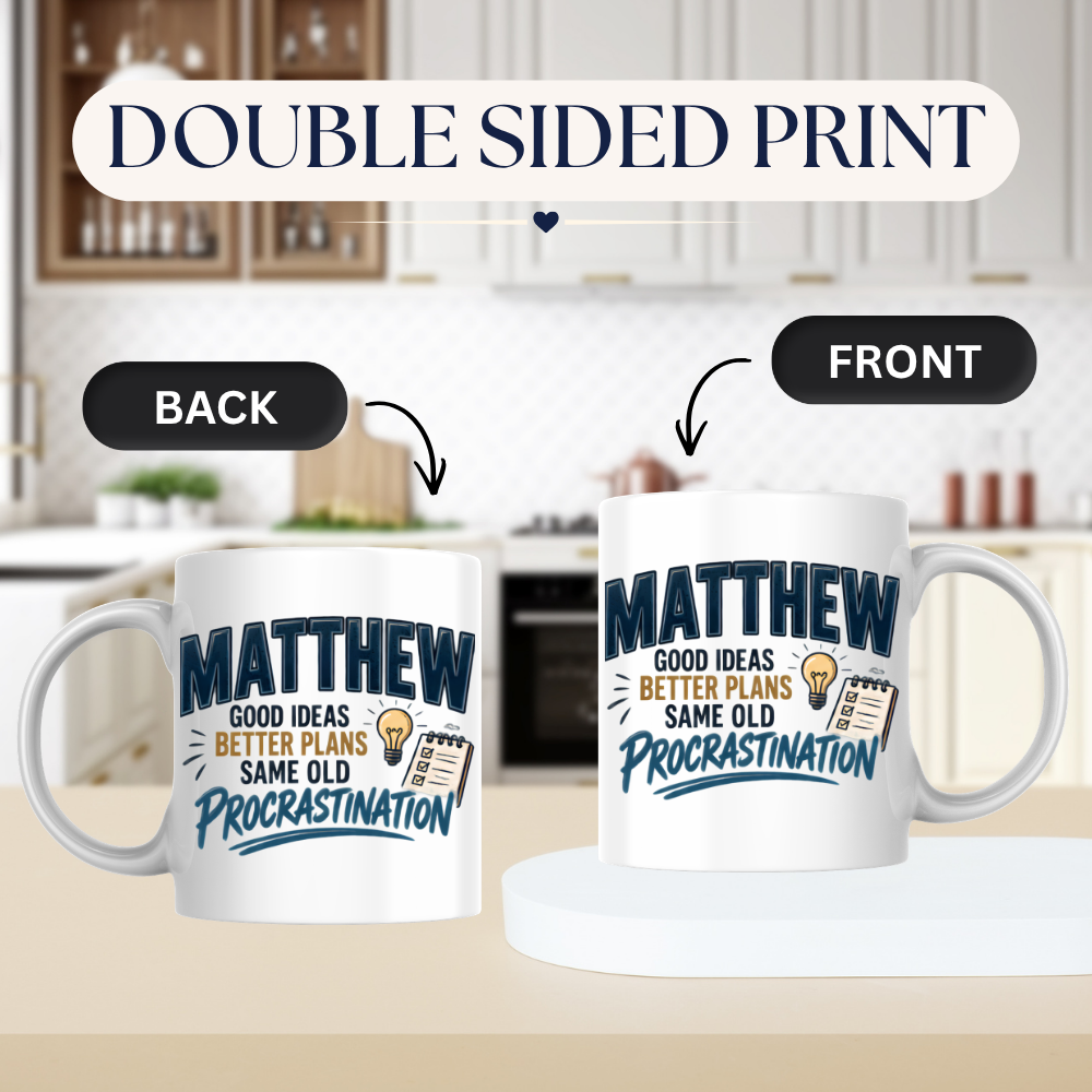 Personalized Name Mug "Matthew Good Ideas Better Plans Same Old Procrastination" Matthew Good Ideas 325ml Ceramic Coffee Mug – Custom Name Typography Slogan with Glowing Lightbulb & Checklist Notepad | Funny Gift | Fast Dispatch by UK Seller (M3420)
