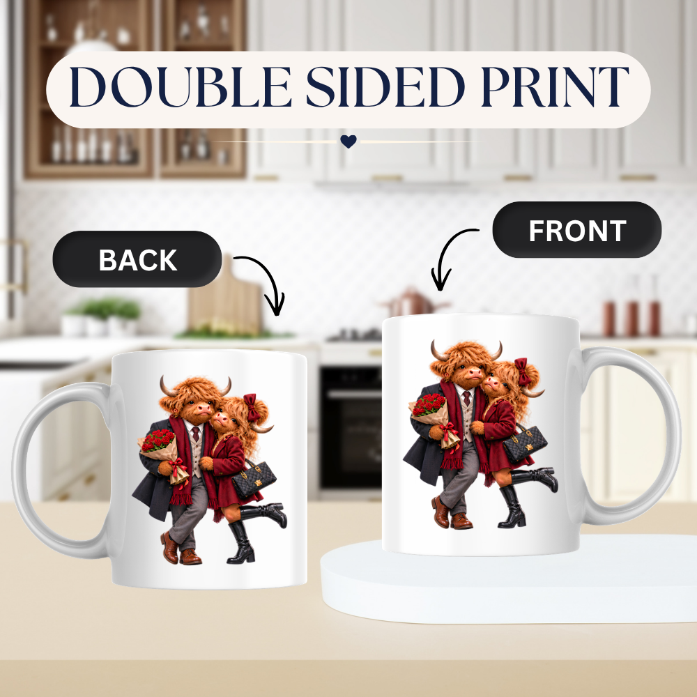 Romantic Mug "Red Roses Highland Cow Couple" 325ml Ceramic Mug – Romantic Highland Cow Couple in Red Coat, Bow & Suit Holding Red Roses Designer Bag Anniversary Valentines Gift For Couples | Available in Multicolours | Fast Dispatch by UK Seller (M3263)