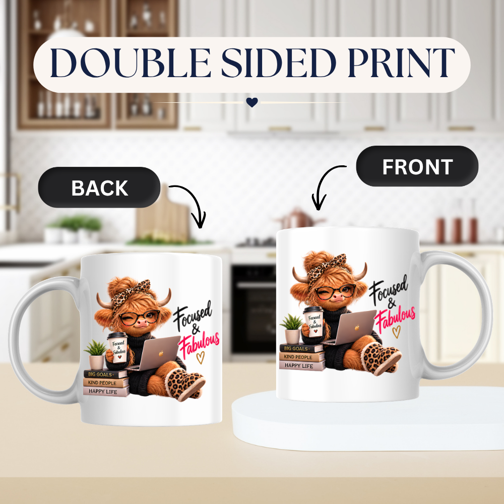 Motivation Mug "Focused & Fabulous Highland Cow" Focused and Fabulous Highland Cow 325ml Ceramic Coffee Mug – Chic Office Desk Tea Cup with Laptop Leopard Slippers Coffee Graphic Gift | Available in Multicolours | Fast Dispatch by UK Seller (M3198)