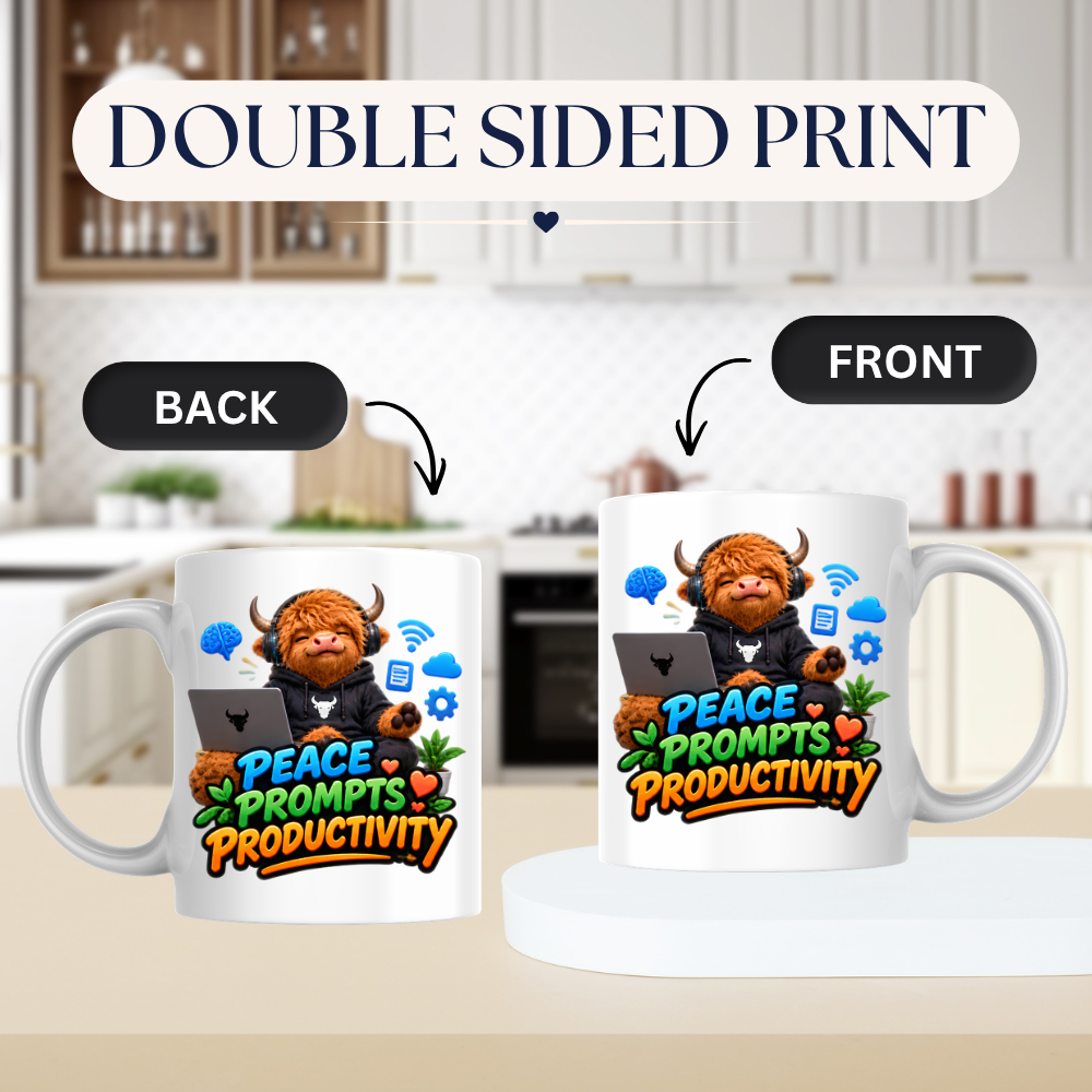 Tech Mug "Peace Prompts Productivity Highland Cow" 325ml Ceramic Coffee Mug – Cute Highland Cow in Hoodie with Laptop Headphones AI Tech Icons Gift For Developers Prompt Engineers | Available in Multicolours | Fast Dispatch by UK Seller (M3232)