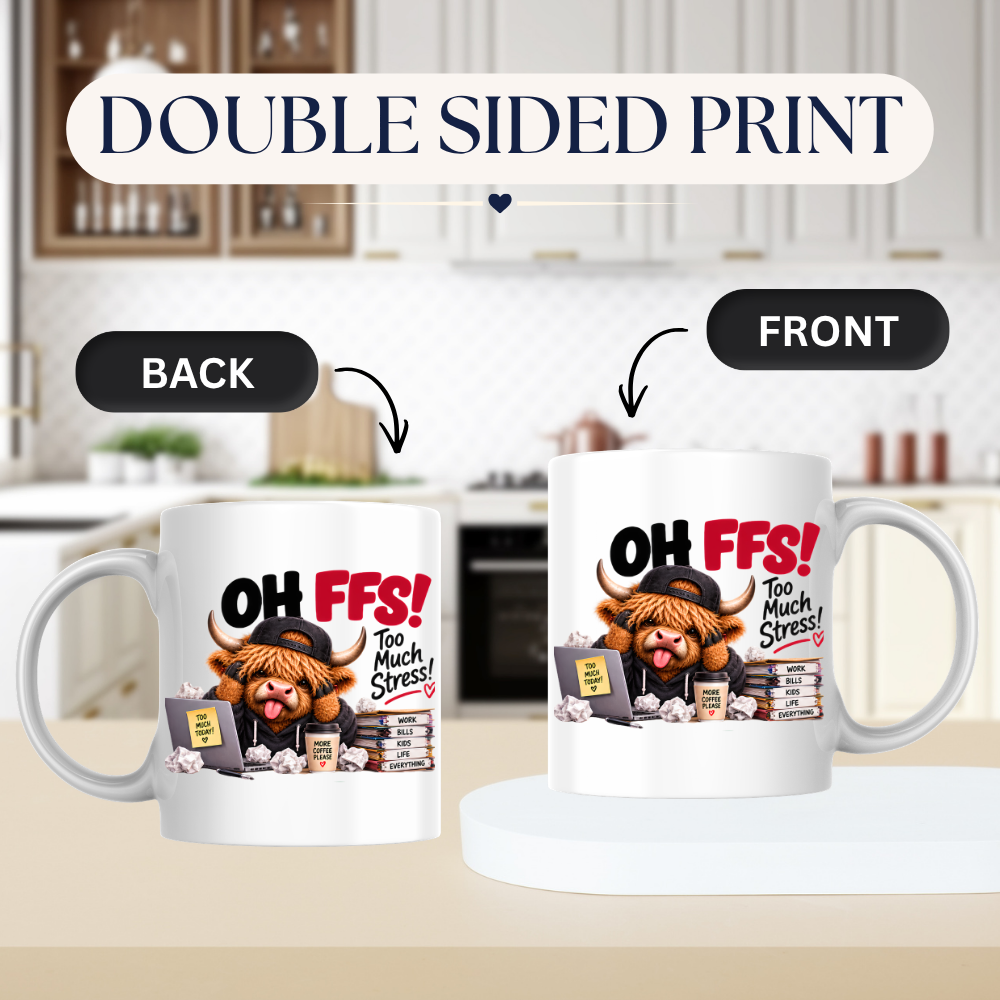 Highland Cow Workplace Stress Mug "OH FFS! Too Much Stress!" Oh Ffs! Too Much Stress! 325ml Ceramic Coffee Mug – Cute Highland Cow at Laptop Desk with Paper Stack, Sticky Notes & Coffee Cup | Funny Office & Work Gift | Fast Dispatch by UK Seller (M3381)