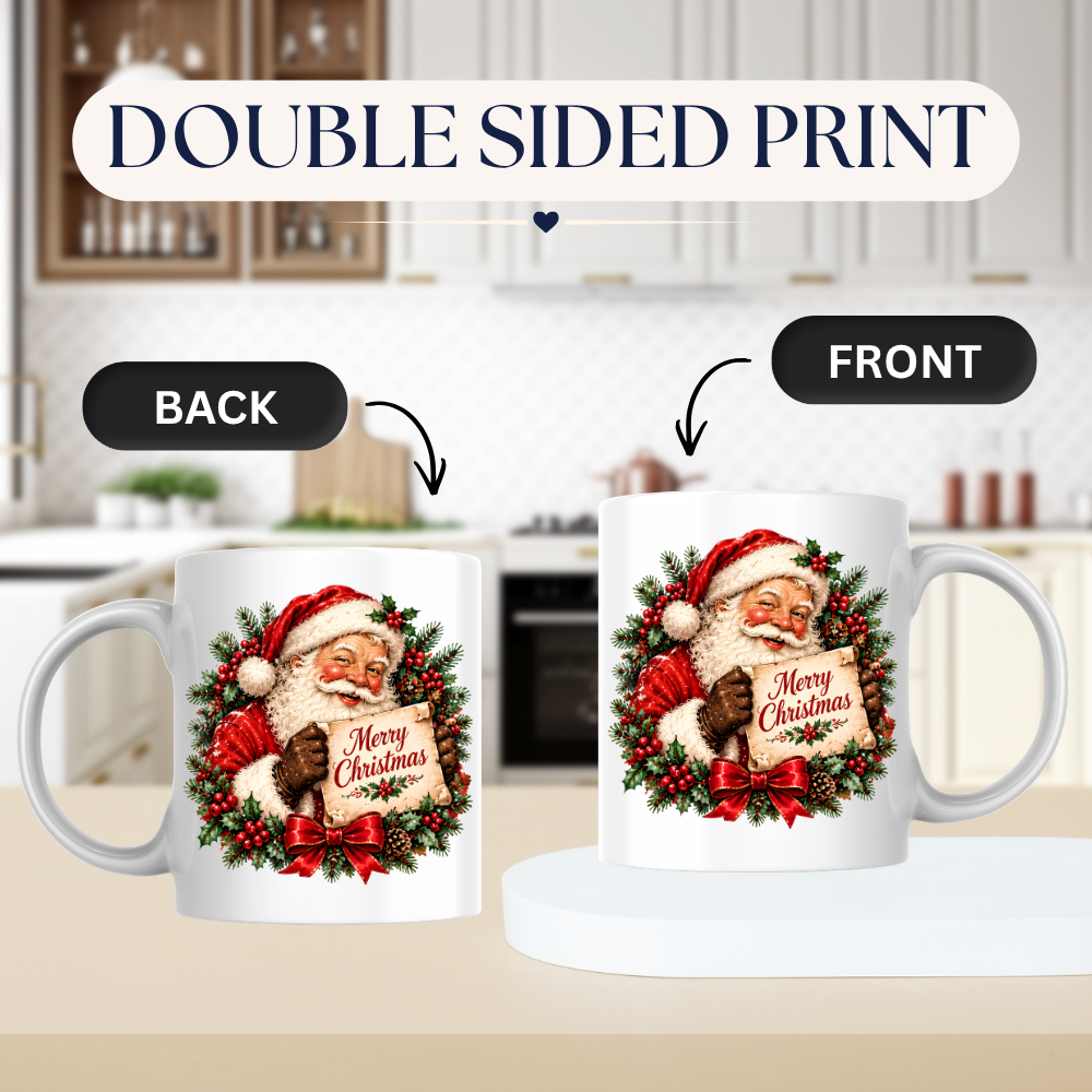 Vintage Santa Scroll Christmas Mug "Merry Christmas" Vintage Santa Claus Holding Merry Christmas Scroll 325ml Ceramic Coffee Mug – Jolly Father Christmas with Festive Wreath, Red Bow & Pine Branches | Holiday Gift | Fast Dispatch by UK Seller (M3440)