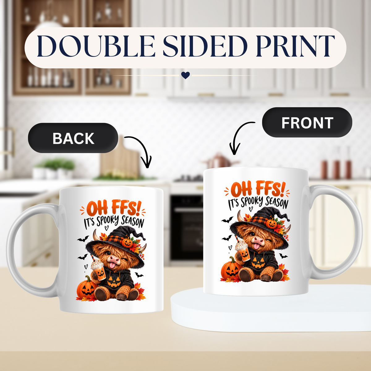 Spooky Season Mug "Oh FFS! It's Spooky Season" Highland Cow Oh Ffs! It's Spooky Season 325ml Ceramic Coffee Mug – Cute Highland Cow in Witch Hat with Pumpkin, Bats & Coffee | Halloween Gift | Fast Dispatch by UK Seller (M3363)