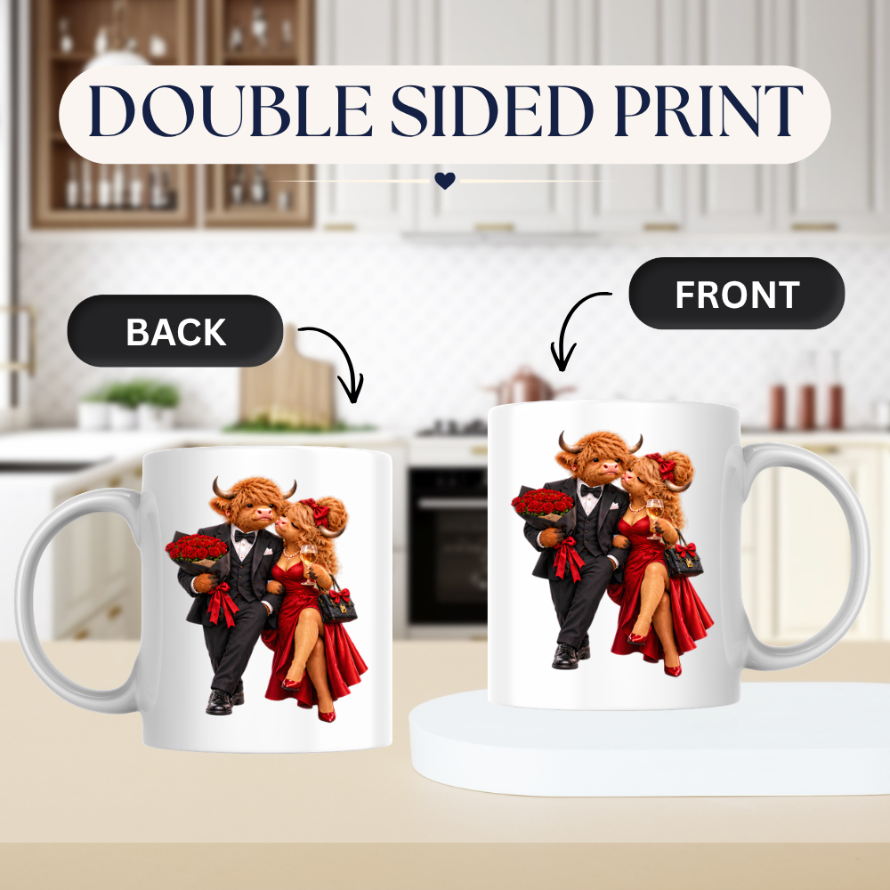 Romantic Mug "Romantic Highland Cow Couple Date Night" Romantic Highland Cow Couple 325ml Ceramic Coffee Mug – Elegant Evening Date Tea Cup With Black Tuxedo Red Evening Gown Graphic Gift | Available in Multicolours | Fast Dispatch by UK Seller (M3192)