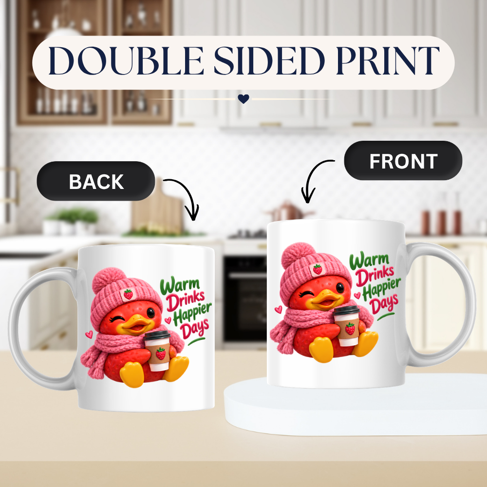 Cozy Mug "Warm Drinks Happier Days Strawberry Duck" 325ml Ceramic Coffee Mug – Cute Winter Strawberry Duck in Pink Beanie Scarf Holding Coffee Cup Cozy Gift For Friends Family | Available in Multicolours | Fast Dispatch by UK Seller (M3250)