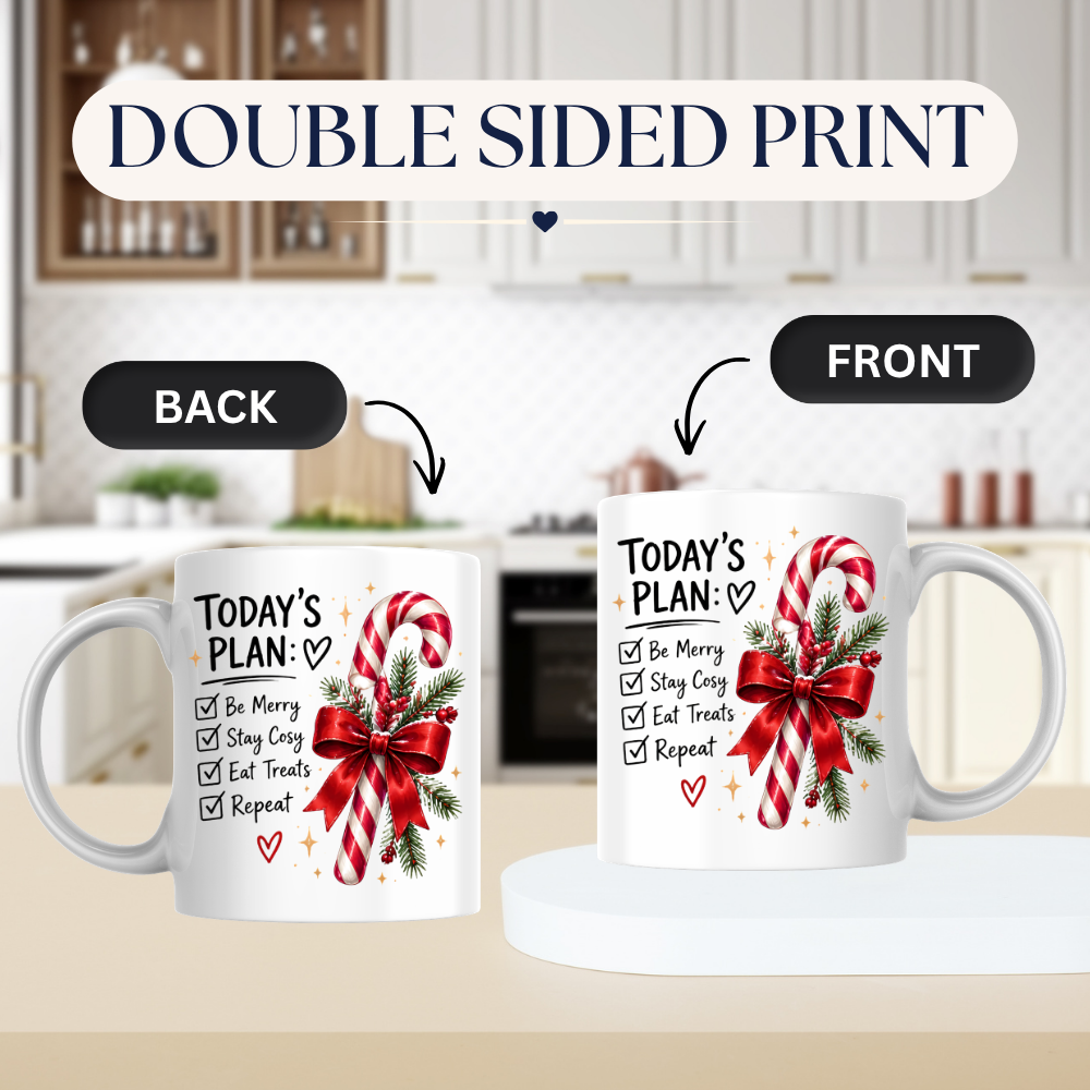 Christmas Candy Cane Checklist Mug "Today's Plan Be Merry Stay Cosy" Today's Plan Be Merry Stay Cosy 325ml Ceramic Coffee Mug – Festive Candy Cane with Red Ribbon & Check-list Artwork | Holiday Gift | Fast Dispatch by UK Seller (M3399)