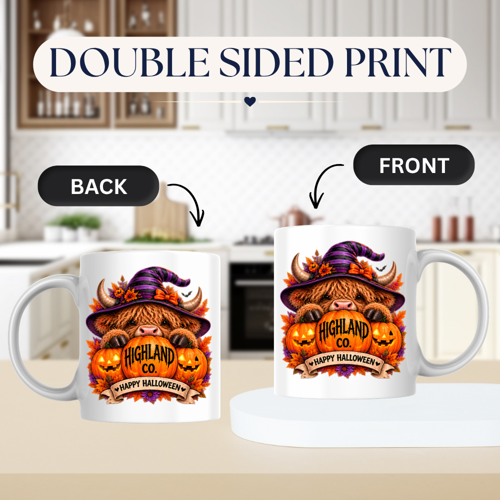 Halloween Mug "Peeking Witch Happy Halloween Banner Highland Co." Peeking Witch Highland Cow 325ml Ceramic Coffee Mug – Cute Halloween Pumpkin Tea Cup With Striped Witch Hat Graphic Gift | Available in Multicolours | Fast Dispatch by UK Seller (M3180)
