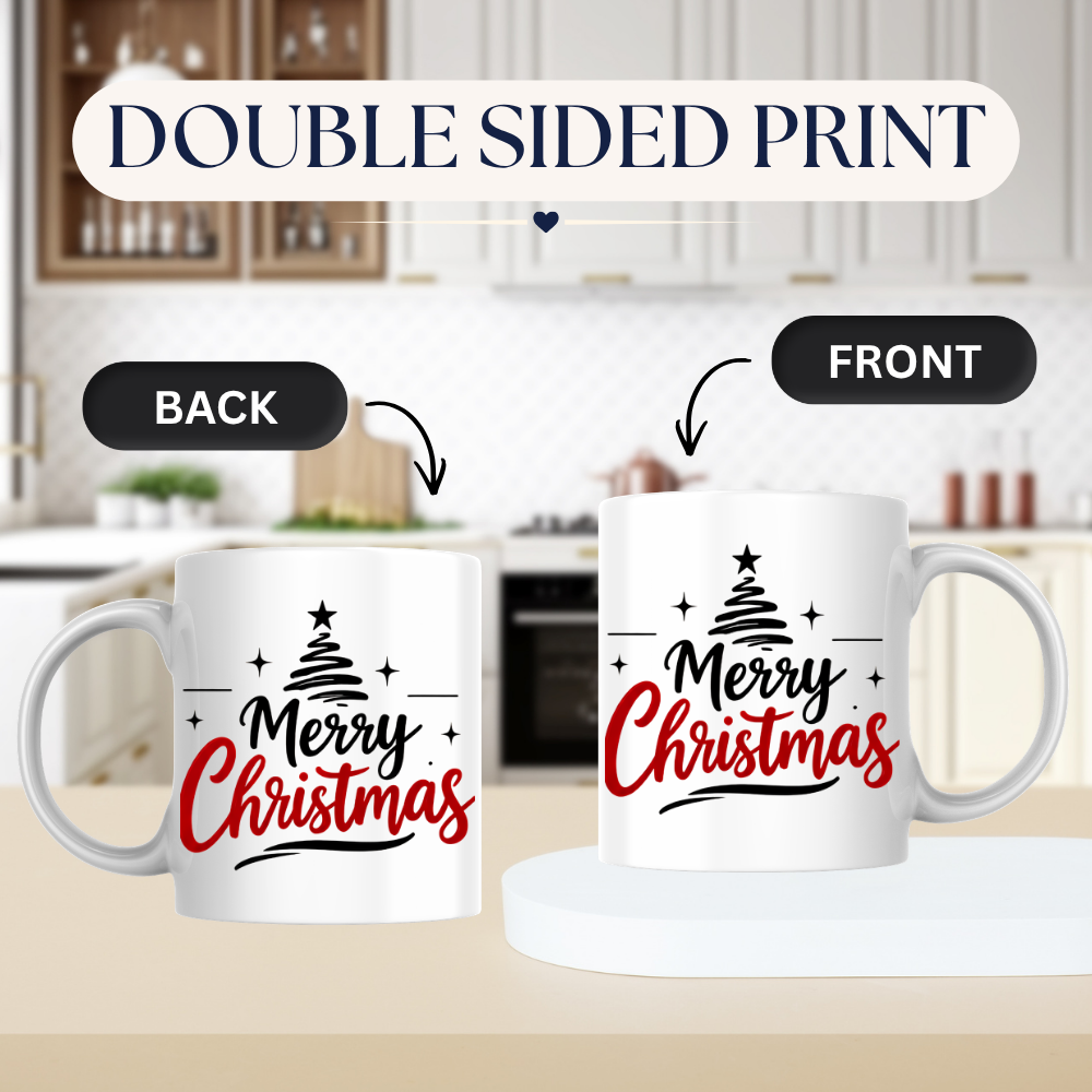 Minimalist Christmas Tree Mug "Merry Christmas" Merry Christmas 325ml Ceramic Coffee Mug – Minimalist Typography Slogan with Black Abstract Christmas Tree, Star Topper & Sparkling Stars | Holiday Gift | Fast Dispatch by UK Seller (M3432)
