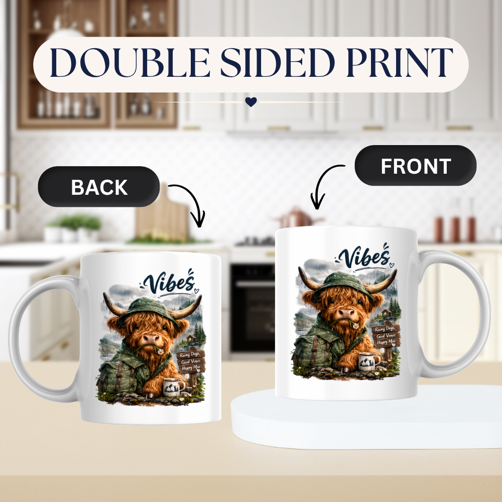 Cozy Mug "Vibes - Rainy Days, Good Views, Happy Moo" Hiking Highland Cow 325ml Ceramic Coffee Mug Whimsical Outdoor Tea Cup with Rain Hat and Mountain Scene Graphic Gift | Available in Multicolours | Fast Dispatch by UK Seller (M3156)