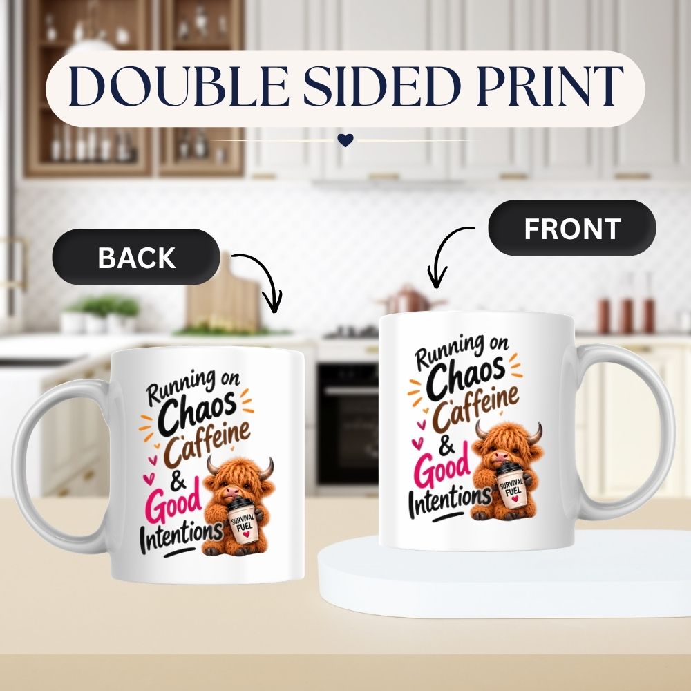 Humorous Mug "Running on Chaos Caffeine & Good Intentions" Highland Cow 325ml Ceramic Coffee Mug Funny Coffee Lover Tea Cup with Survival Fuel Cup Gift | Available in Multicolours | Fast Dispatch by UK Seller (M1286)