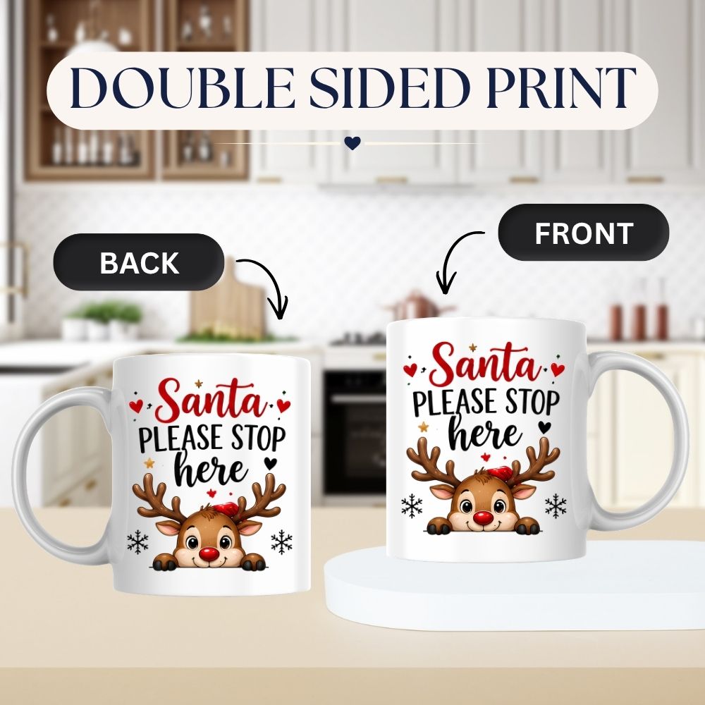 Festive Mug "Santa Please Stop Here" Reindeer Peeking 325ml Ceramic Coffee Mug Cute Winter Holiday Tea Cup with Red Nose, Snowflakes & Hearts Gift | Available in Multicolours | Fast Dispatch by UK Seller (M1274)