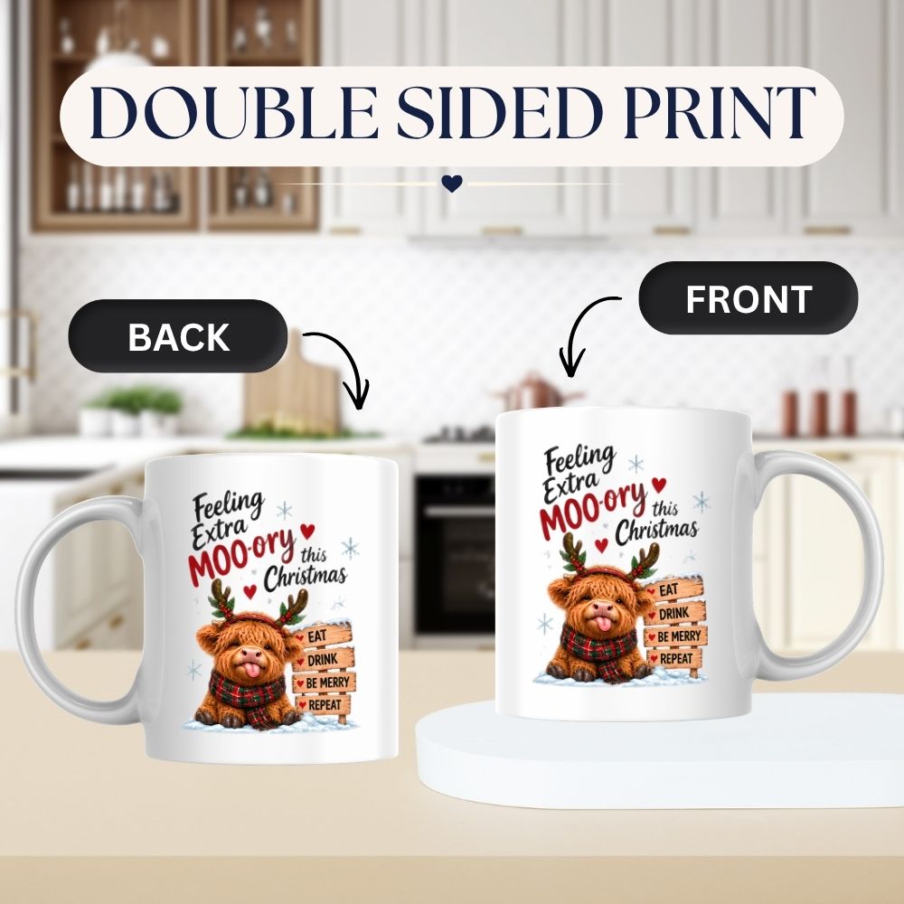 Festive Mug "Feeling Extra Moo-rry This Christmas" Highland Cow 325ml Ceramic Coffee Mug Cute Holiday Tea Cup with Reindeer Antlers, Plaid Scarf & Wooden Sign Gift | Available in Multicolours | Fast Dispatch by UK Seller (M1293)