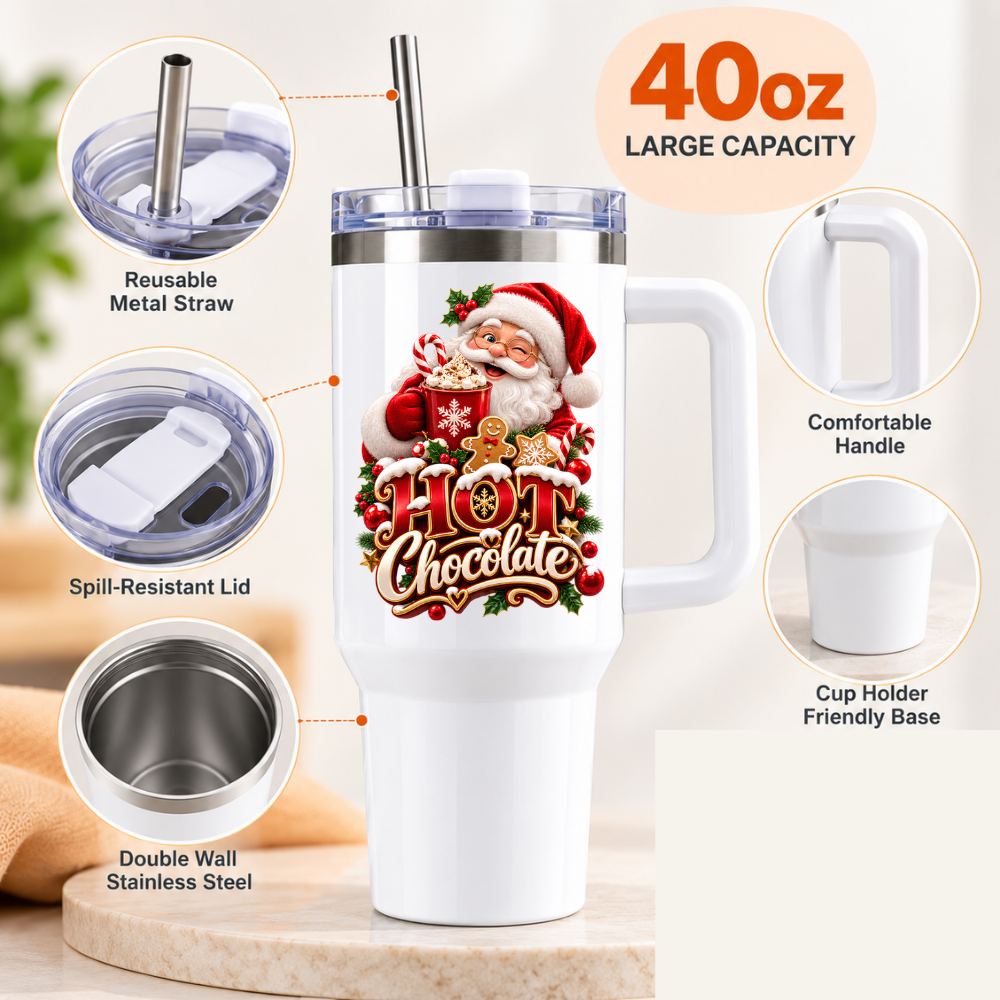 Festive Christmas Travel Tumbler "Hot Chocolate" Graphic 40oz Stainless Steel Insulated Travel Mug with Handle & Straw – Santa Claus with Cocoa Mug, Gingerbread Man & Candy Cane Holiday Gift | Fast Dispatch by UK Seller (T3069)