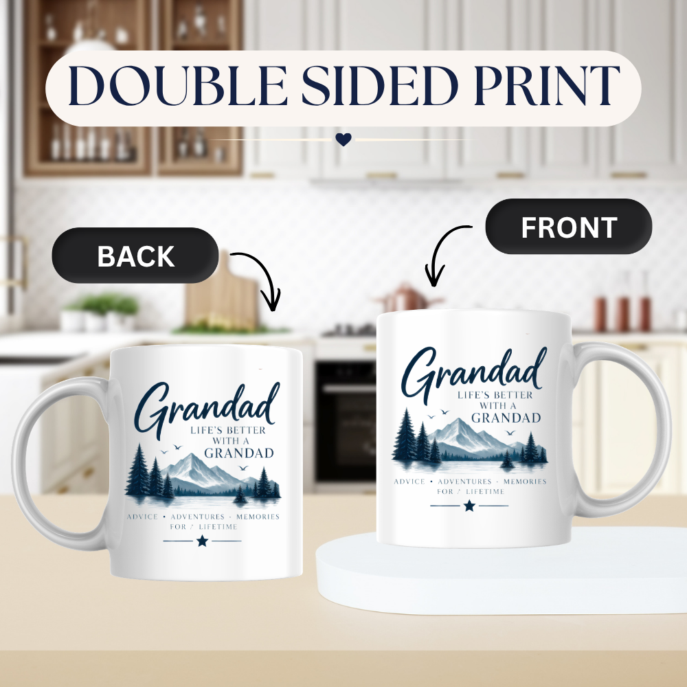 Family Mug "Grandad LIFE'S BETTER With A Grandad" Sentimental Grandpa 325ml Ceramic Coffee Mug – Heartwarming Grandad Tea Cup with Mountain Landscape Pine Trees Graphic Gift | Available in Multicolours | Fast Dispatch by UK Seller (M3022)